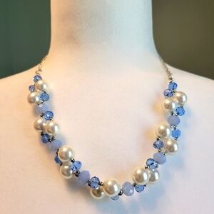 Silver Tone Beaded Chain with Round White and Blue Faceted Bead Necklace